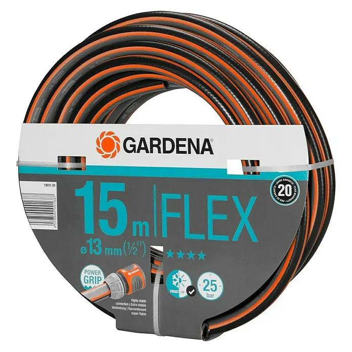 Gardena Comfort Flex Gartenschlauch - Länge: 15 m, Schlauchdurchmesser: 13 mm, Berstdruck: 25 bar - GARDENA FLEX Gartenschlauch mit Power Grip für sicheren Halt, 15 m Länge und 13 mm Durchmesser, ideal für anspruchsvolle Gartenbewässerung.