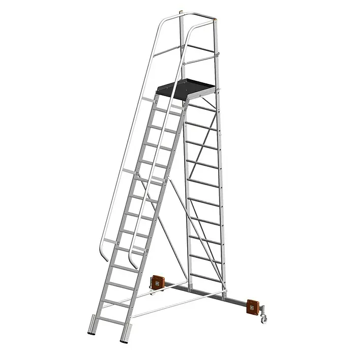 Krause Stabilo Podestleiter Vario kompakt - Arbeitshöhe: 4,35 m, 10 Stk., Aluminium, Ausstattung: Handläufe, B x L: 0,65 x 3,7 m - Das Bild zeigt eine mobile Industrietreppe mit Plattform und Geländer, ideal für sichere Wartungsarbeiten in der Industrie.