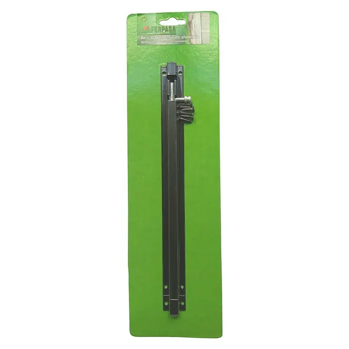 Cerradura adicional para ventanas - Largo: 300 mm, Aluminio, Negro - Un cerrojo de puerta de aluminio con tornillos en un embalaje verde.