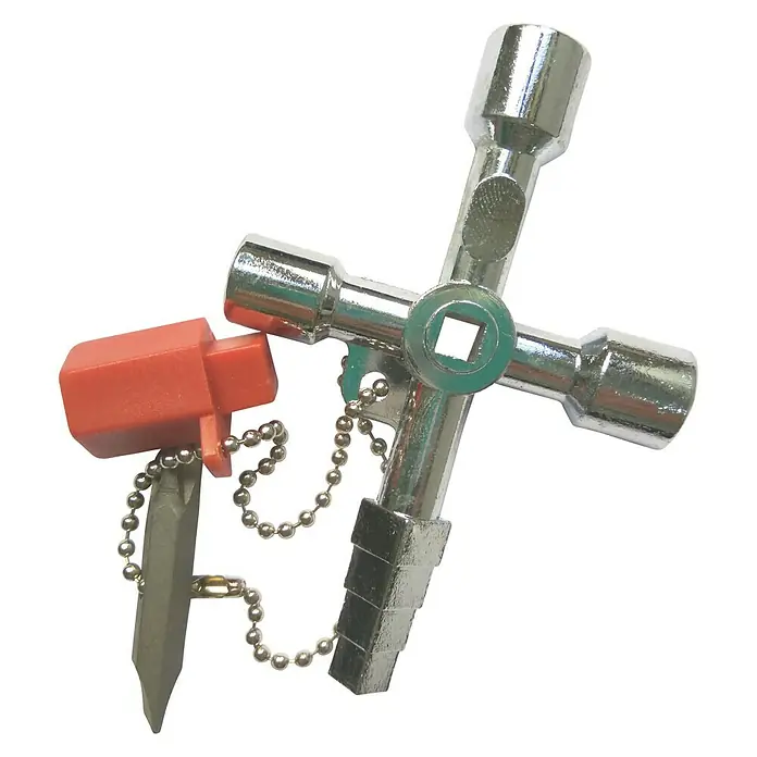 Llave fija de tubo en cruz - Aluminio - Una llave multifuncional con cuatro adaptadores de enchufe diferentes y un pequeño destornillador en una cadena.