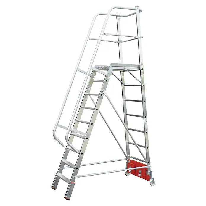 Podestleiter Vario kompakt 820 mm - Arbeitshöhe: 4,1 m, 9 Stk., Aluminium - Hier ist eine hochwertige, fahrbare Arbeitsbühne aus robustem Aluminium für sichere Arbeiten in der Höhe. Ideal für Profis.