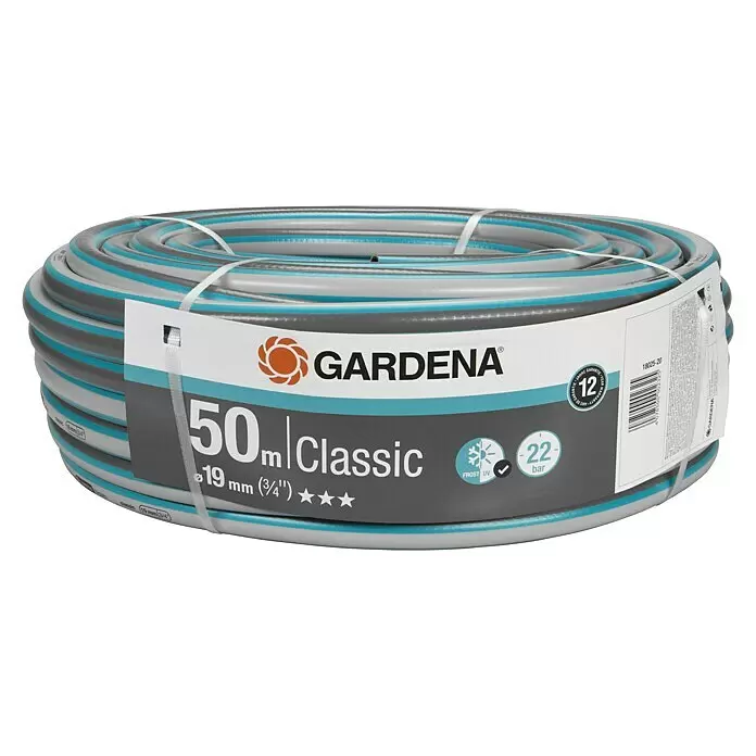 Gardena Classic Manguera para jardín - Ø x L: 19 mm x 50 m, ¾″, Plástico - Manguera de jardín Gardena Classic enrollada, 50m, 19mm (3/4"), gris con rayas azules, con 12 años de garantía y resistencia a heladas/UV.