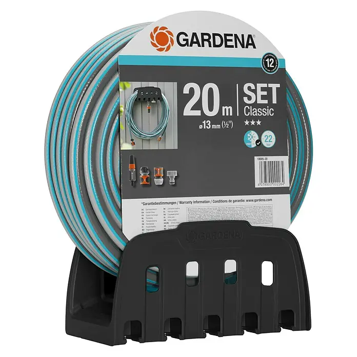 Gardena Classic Wand-Schlauchhalterung Set - Länge: 20 m, Schlauchdurchmesser: 13 mm - GARDENA Classic Schlauch-Set: 20 Meter Gartenschlauch mit Zubehör und Schlauchwagen für eine einfache Bewässerung im Garten.