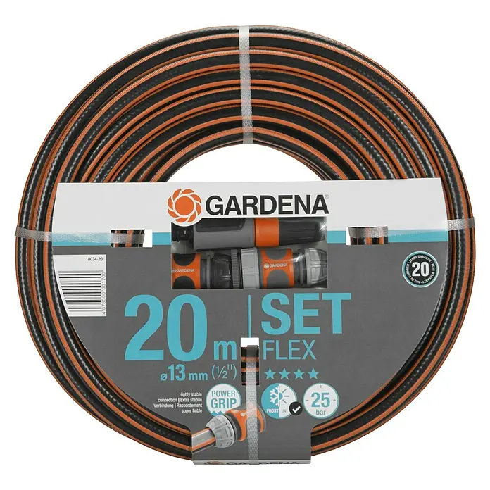 Gardena Comfort Schlauch-Set Flex - 20 m, Schlauchdurchmesser: 13 mm - Abgebildet ist ein Gardena Flex Schlauch-Set mit einer Länge von 20m und einem Durchmesser von 13mm, ideal für Gartenbewässerung.