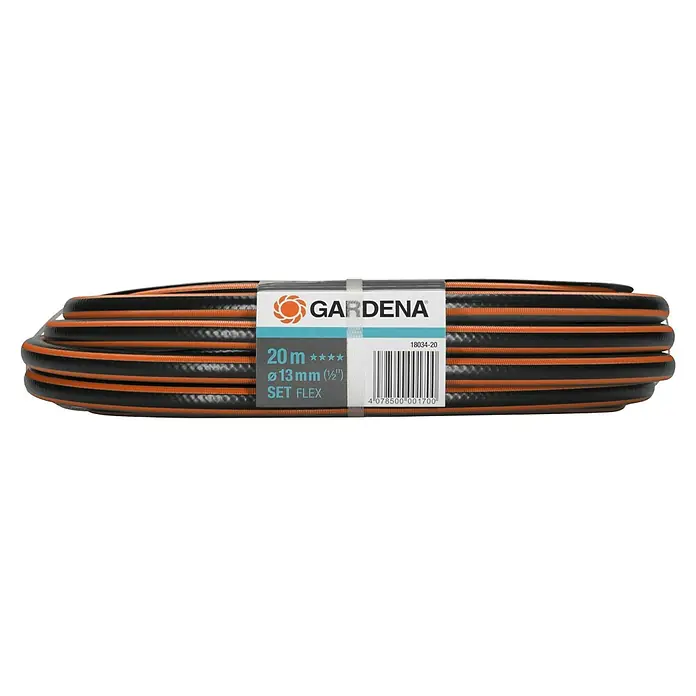 Gardena Comfort Schlauch-Set Flex - 20 m, Schlauchdurchmesser: 13 mm - Aufgerollter Gardena Gartenschlauch "Set Flex" mit orangenen Streifen und Produktetikett.