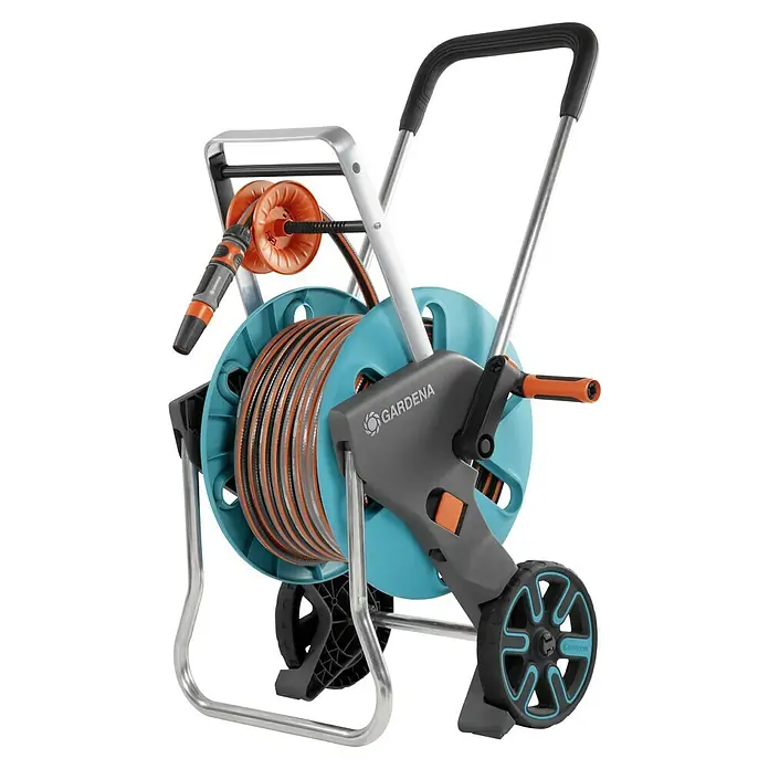Gardena Schlauchwagen-Set CleverRoll M Easy Set - Kunststoff/Metall, Schlauchlänge: 20 m - Abbildung einer Gardena Schlauchtrommel mit Schlauch. Ideal für die Gartenbewässerung und einfache Aufbewahrung des Gartenschlauchs.