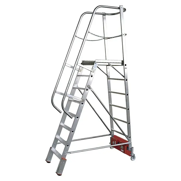 Krause Stabilo Podestleiter Vario kompakt - Arbeitshöhe: 3,9 m, 8 Stk., Aluminium, Ausstattung: Handläufe, B x L: 0,61 x 3,2 m - Aluminium-Podestleiter mit Geländer, Trittstufen und Sicherheitsketten für sicheres Arbeiten in der Höhe. Ideal für Lager und Industrie.
