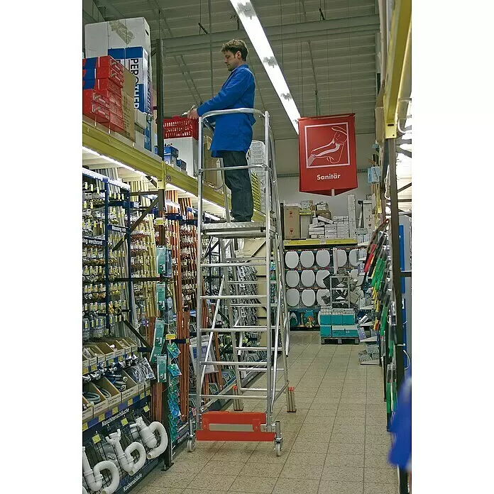 Krause Stabilo Podestleiter Vario kompakt - Arbeitshöhe: 3,9 m, 8 Stk., Aluminium, Ausstattung: Handläufe, B x L: 0,61 x 3,2 m - Anwendungsbeispiel