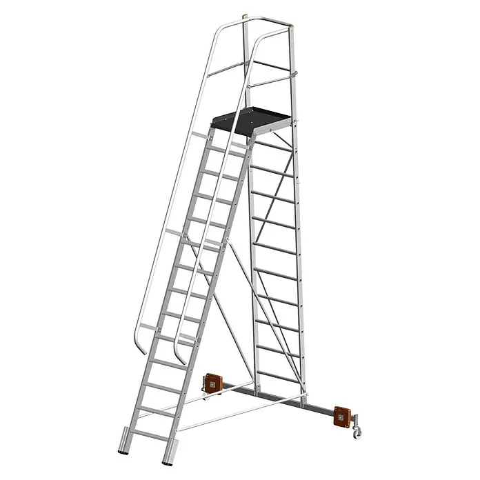 Krause Stabilo Podestleiter Vario kompakt - Arbeitshöhe: 5,3 m, 14 Stk., Aluminium, Ausstattung: Handläufe, B x L: 0,67 x 4,7 m - Bild einer mobilen Arbeitsbühne mit Handlauf und Leiter. Ideal für sichere Arbeiten in der Höhe.