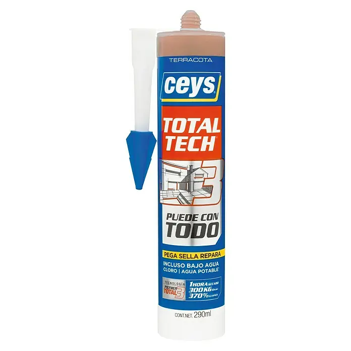 Ceys Adhesivo y sellador Total-Tech - Terracota, 290 ml - Un tubo de adhesivo y sellador Ceys Total Tech 3 Terracota, ideal para pegar, sellar y reparar en interiores y exteriores.