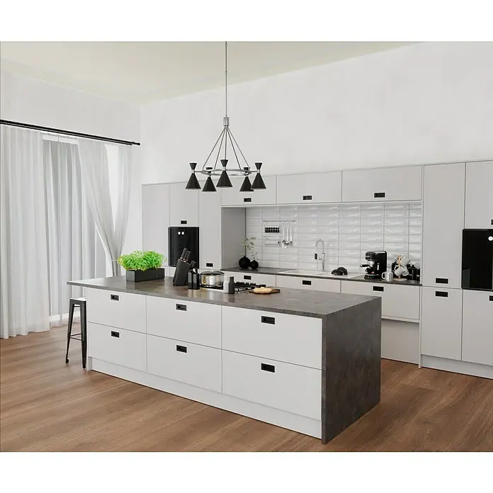 Modern Style Wandfliese Metro Biselado - 9,8 x 29,8 cm, Weiß, Glänzend - Moderne Küche in Weiß mit Kochinsel und Arbeitsplatte in Grau. Die minimalistische Gestaltung wird durch eine elegante Pendelleuchte ergänzt.