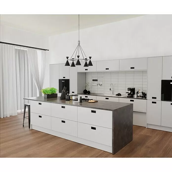 Modern Style Wandfliese Metro Biselado - 9,8 x 29,8 cm, Weiß, Matt - Moderne Küche mit weißen Schränken, dunkler Kücheninsel-Arbeitsplatte und hellem Holzfußboden. Mit Geräten, Spüle und Deko.