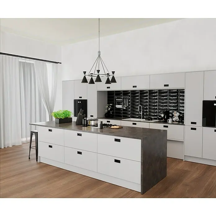 Modern Style Wandfliese Metro Biselado - 9,8 x 29,8 cm, Schwarz, Glänzend - Diese moderne Küche verfügt über eine Kochinsel mit Arbeitsplatte in Betonoptik und weißen Schränken. Eine Pendelleuchte sorgt für Licht.