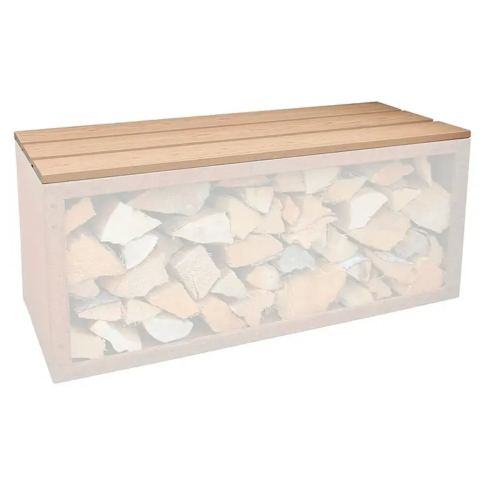 Palatino Sitzauflage Woodpecker Pro - 120 x 40 cm, Passend für: Palatino Exclusive Line Kaminholzregal Woodpecker Pro, Cortenstahl - Ein Holzlager mit Holzscheiten und einer hellbraunen Holzabdeckung, ideal zur Aufbewahrung und als dekoratives Element.