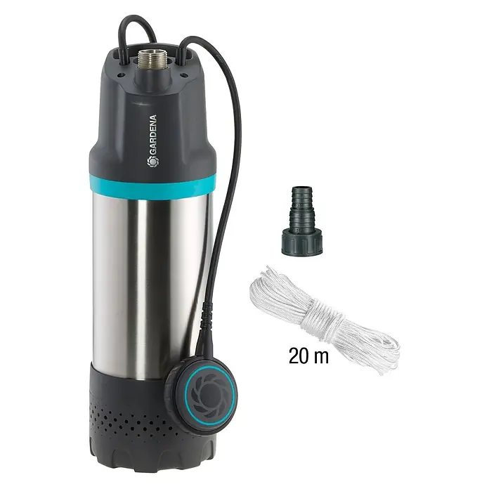 Gardena Drucktauchpumpe 5900/4 Inox - 900 W, Max. Fördermenge: 5.900 l/h - Eine Gardena Tauchdruckpumpe mit Zubehör. Die Pumpe ist silberfarben und schwarz. Das Zubehör umfasst einen Schlauchanschluss und ein Seil.