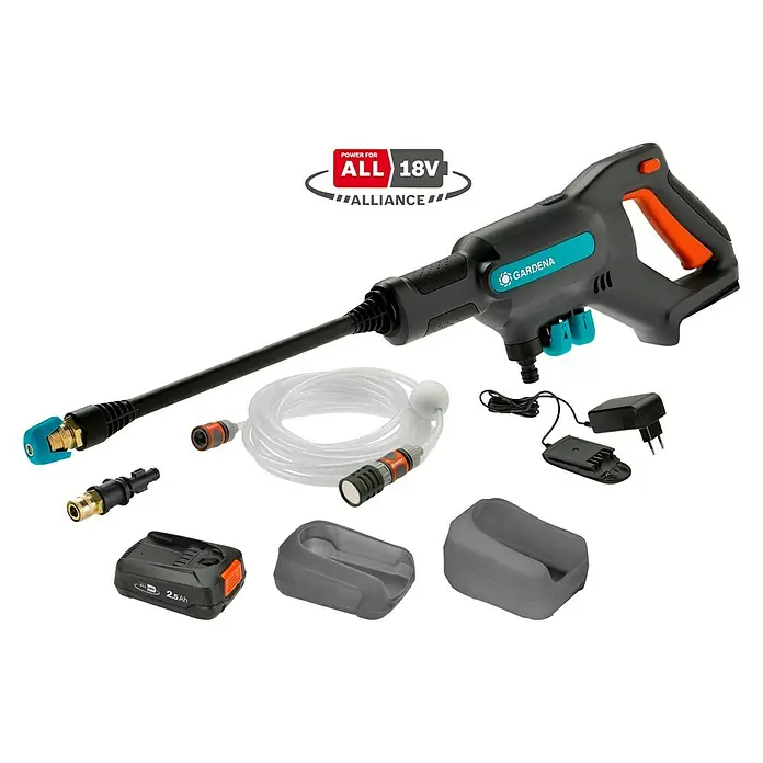 Gardena Power for All 18V Akku-Druckreiniger AquaClean 24/18V SE - 18 V, 1 Akku, 2,5 Ah - Akku-Druckreiniger mit Zubehör: Akku-betriebener Reiniger mit Sprühaufsatz, Schlauch, Akku, Ladegerät und verschiedenen Düsen für flexible Reinigung.