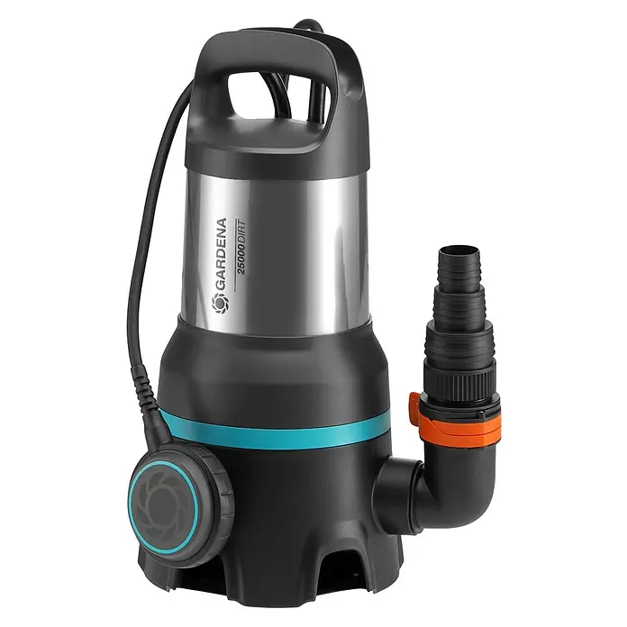 Gardena Schmutzwasserpumpe 25000 - 1.100 W, Max. Fördermenge: 25.000 l/h, Eintauchtiefe: 7 m - Eine Gardena 25000 Dirt Schmutzwasserpumpe in Grau und Schwarz, ideal für die effiziente Entwässerung von Gartenteichen und Baugruben.