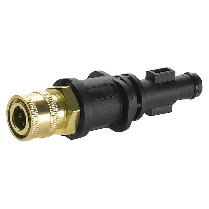 Gardena Power for All 18V Akku-Druckreiniger AquaClean 24/18V SE - 18 V, 1 Akku, 2,5 Ah - Nahaufnahme eines Adapters, der aus Messing und schwarzem Kunststoff gefertigt ist. Er dient zur Verbindung von Hochdruckreinigern.