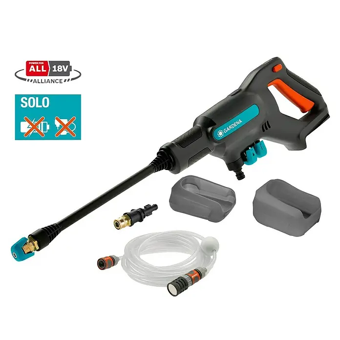 Gardena Power for All 18V Akku-Druckreiniger AquaClean 24/18V - 18 V, Ohne Akku - Das Bild zeigt einen Gardena Akku-Hochdruckreiniger mit Zubehör wie Düsen, Schläuchen und Akku-Halterungen. Ideal für flexible Reinigungsarbeiten.
