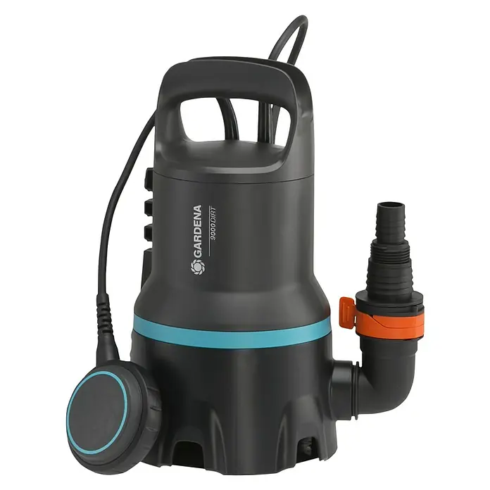 Gardena Schmutzwasserpumpe 9000 - 300 W, Max. Fördermenge: 9.000 l/h, Eintauchtiefe: 7 m - Das Bild zeigt eine Gardena 9000 Dirt Schmutzwasserpumpe, ideal für Gartenteiche und Baustellen. Die Pumpe ist robust und leistungsstark.