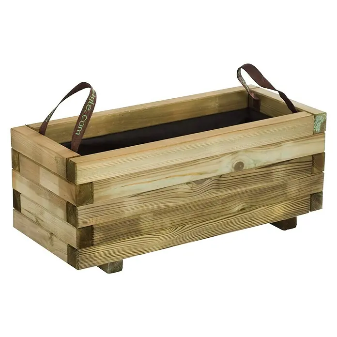 Cerland Macetero para plantas Baroque - Dimensiones externas (L x An x Al): 70 x 30 x 28 cm, Madera, Natural - Imagen detallada de una jardinera rectangular de madera con correas marrones y un revestimiento negro sobre un fondo blanco.