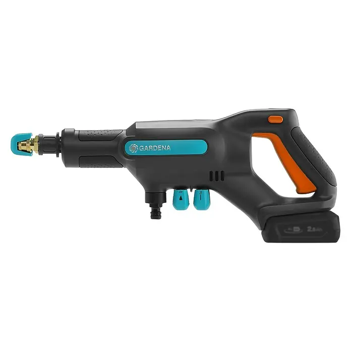 Gardena Power for All 18V Akku-Druckreiniger AquaClean 24/18V SE - 18 V, 1 Akku, 2,5 Ah - Aufsicht auf eine Gardena Akku-Druckreinigungsgerät, das für Reinigungsarbeiten im Freien entwickelt wurde.