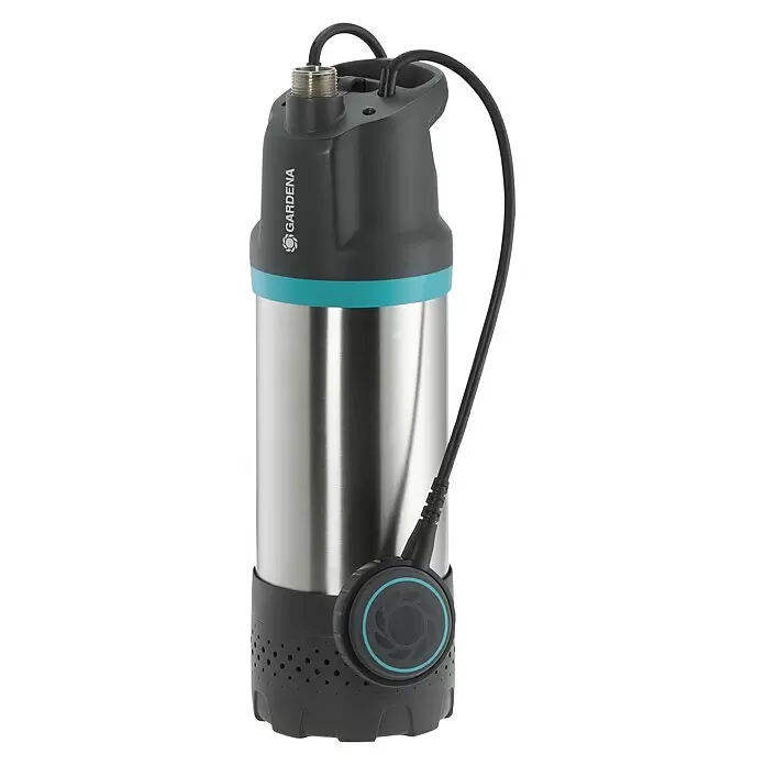 Gardena Bomba sumergible de presión 5900/4 Inox - Capacidad de bombeo máx.: 5.900 l/h, Altura de transporte máx.: 35 m - Bomba sumergible Gardena de acero inoxidable con detalles en gris oscuro y turquesa, con salida roscada y sensor de nivel de agua.