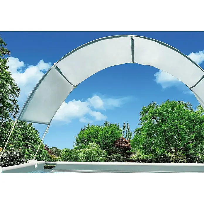 Intex Poolüberdachung - Geeignet für: Frame Pool - Ein schattenspendendes Pool-Rollo in Weiß über einem Pool, das Schutz vor der Sonne bietet und die Nutzung im Freien angenehmer macht.