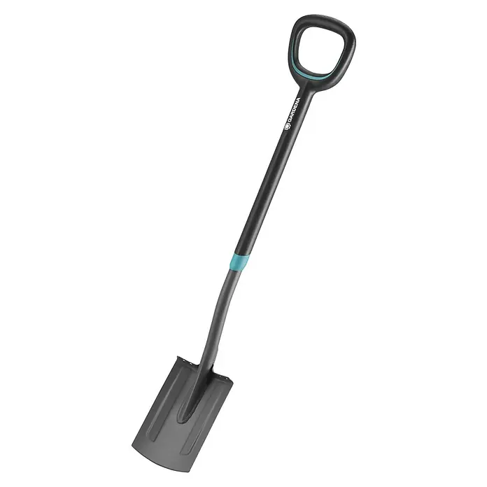 Gardena Ergoline Gärtnerspaten Damen - Mit Tritt, Arbeitsbreite: 16,4 cm - Abgebildet ist ein Gardena-Spaten mit D-Griff, ideal für Gartenarbeiten. Der Spaten hat ein robustes Blatt und einen ergonomischen Griff für Komfort.