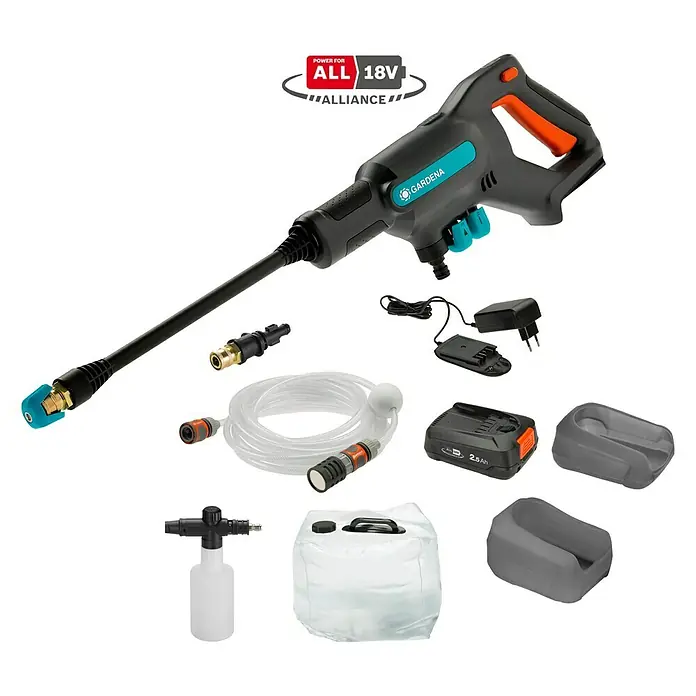 Gardena Power for All 18V Akku-Druckreiniger AquaClean 24/18V PR - 18 V, 1 Akku, 2,5 Ah - Gardena AquaClean 18V P4A Akku-Hochdruckreiniger Set mit Zubehör für flexible Reinigungsarbeiten im Garten und unterwegs.
