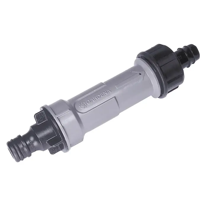 Gardena Micro-Drip Basisgerät 1000 - Passend für: Gardena unterirdisches Tropfrohr 1389 und 1395, Kunststoff - Ein grauer Gardena Wasserfilter mit schwarzen Anschlüssen, ideal für eine saubere Bewässerung im Garten.