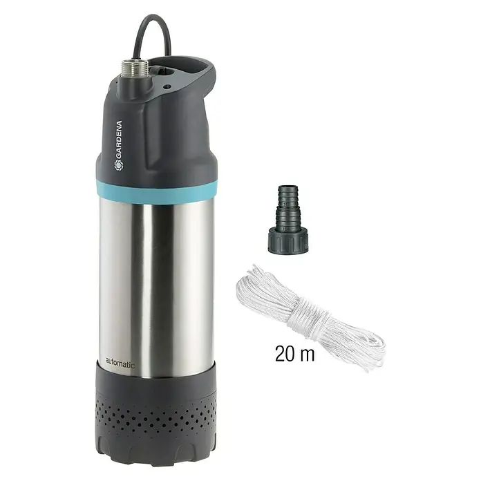 Gardena Tauchpumpe 5900/4 INOX Automatic - 900 W, Max. Fördermenge: 5.900 l/h - Abgebildet ist eine Gardena Tauchdruckpumpe mit Zubehör, ideal für sauberes oder leicht verschmutztes Wasser, zur Gartenbewässerung oder Entwässerung.