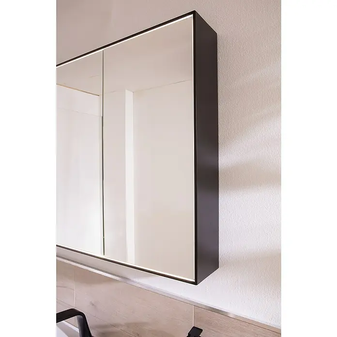 Lanzet Dune LED-Spiegelschrank - B x H: 101,8 x 70,2 cm, Holz, Schwarz - Elegantes Spiegelschrank-Design.