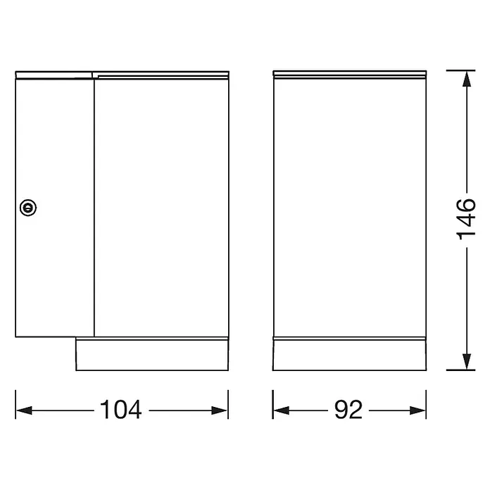 Ledvance Außenwandleuchte - L x B x H: 10,4 x 9,2 x 14,6 cm, Hohe Flexibilität bei der Wahl des Leuchtmittels dank GU10-Fassung, Aluminium, Dunkelgrau, GU10 - Produktansicht mit Maßangaben: Der Spiegelschrank hat eine Breite von 104 mm (links) und 92 mm (rechts), die Höhe beträgt 146 mm.