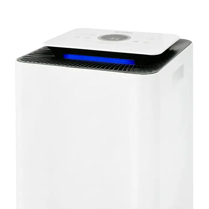 Proklima Luftentfeuchter - 400 W, Entfeuchtungsleistung: 20 l/Tag, L x B x H: 26,2 x 26,2 x 59 cm, Rollen - Nahaufnahme eines Pro-Klima Luftreinigers in Weiß, der eine saubere und moderne Luftreinigungslösung für Ihr Zuhause bietet.