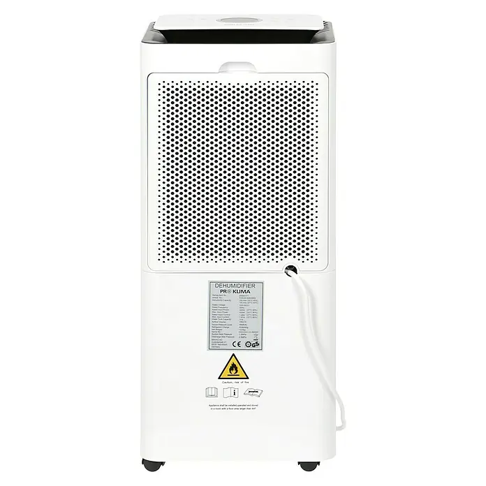 Proklima Luftentfeuchter - 400 W, Entfeuchtungsleistung: 20 l/Tag, L x B x H: 26,2 x 26,2 x 59 cm, Rollen - Ein weißer Pro Klima Luftentfeuchter mit Produktspezifikationen und Warnhinweisen auf einem Etikett auf der Rückseite.