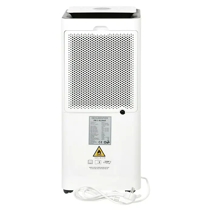 Proklima Luftentfeuchter - 400 W, Entfeuchtungsleistung: 20 l/Tag, L x B x H: 26,2 x 26,2 x 59 cm, Rollen - Produktansicht eines weißen PRO KLIMA Luftentfeuchters. Ideal, um die Luftfeuchtigkeit in Innenräumen zu reduzieren und ein angenehmes Raumklima zu schaffen.