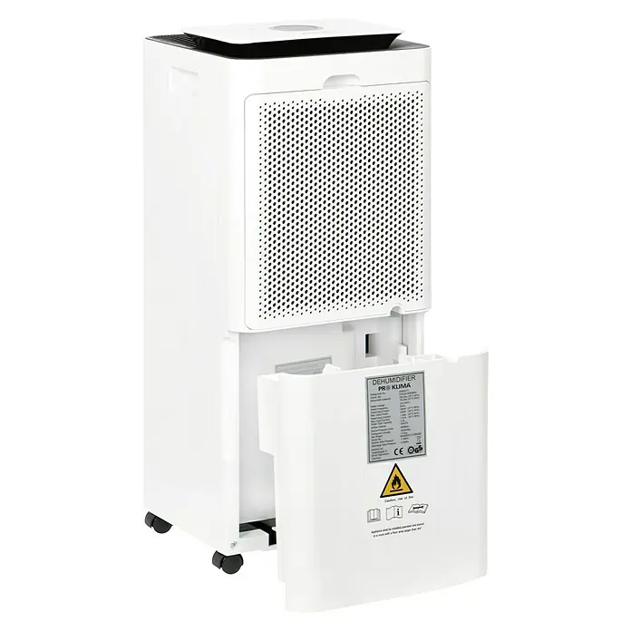 Proklima Luftentfeuchter - 400 W, Entfeuchtungsleistung: 20 l/Tag, L x B x H: 26,2 x 26,2 x 59 cm, Rollen - Abgebildeter weißer Pro Klima Luftentfeuchter. Er ist kompakt, tragbar und ideal zur Reduzierung von Feuchtigkeit in Räumen.