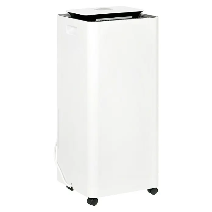 Proklima Luftentfeuchter - 400 W, Entfeuchtungsleistung: 20 l/Tag, L x B x H: 26,2 x 26,2 x 59 cm, Rollen - Ein weißer Luftentfeuchter mit Rollen, ideal zur Regulierung der Luftfeuchtigkeit in Wohnräumen für ein angenehmeres Raumklima.