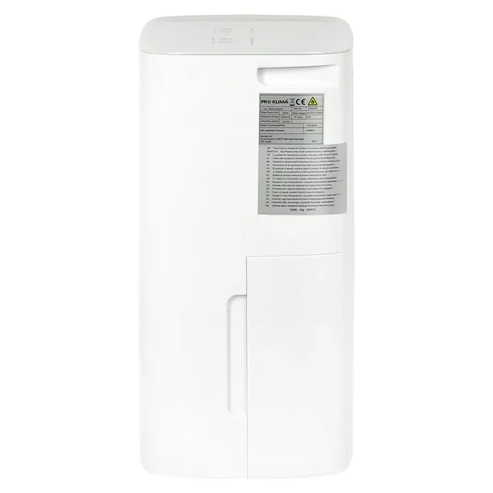 Voltomat Elektro-Luftentfeuchter - 205 W, Entfeuchtungsleistung: 10 l/Tag, L x B x H: 20,5 x 27 x 40,8 cm, Weiß - Abbildung des Pro-Klima Luftentfeuchters mit Details zum Stromverbrauch, Kältemittel und Herstellerinformationen.
