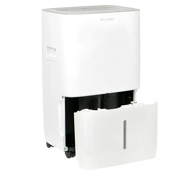 Voltomat Elektro-Luftentfeuchter mit Schuhtrockner - 520 W, Entfeuchtungsleistung: 30 l/Tag, L x B x H: 31,5 x 39,5 x 53,5 cm, Weiß, Grau - Ein weißer Pro Klima Luftentfeuchter mit herausgezogenem Wasserbehälter, der die Funktionalität und Wartungsfreundlichkeit betont.