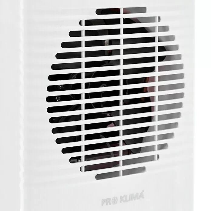 Voltomat Elektro-Luftentfeuchter - 205 W, Entfeuchtungsleistung: 10 l/Tag, L x B x H: 20,5 x 27 x 40,8 cm, Weiß - Weißes Gerät mit rundem Lüftergitter, dahinter sind dunkle Lüfterflügel sichtbar. „PRO KLIMA“ Logo.