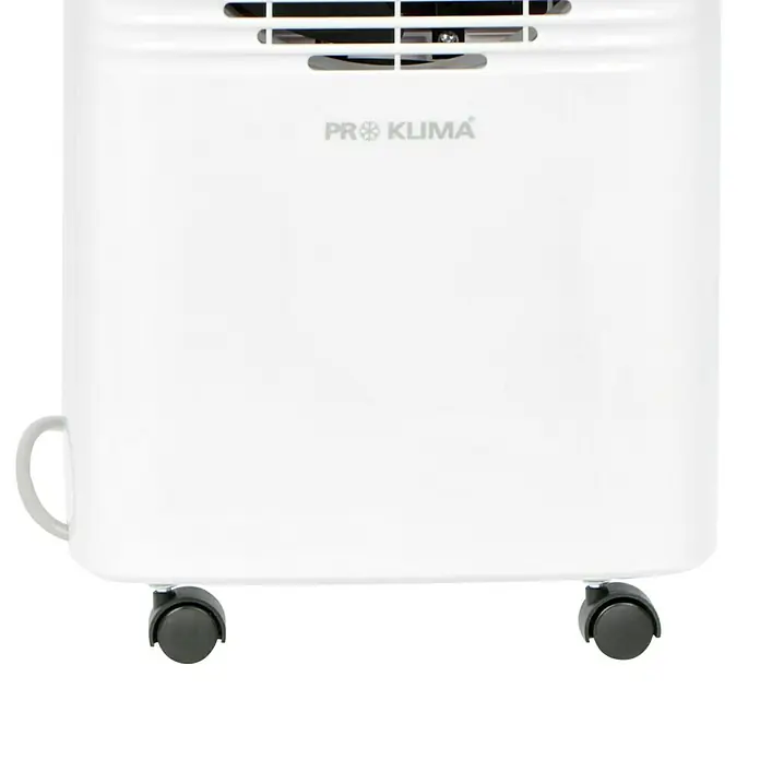 Voltomat Elektro-Luftentfeuchter - 205 W, Entfeuchtungsleistung: 10 l/Tag, L x B x H: 20,5 x 27 x 40,8 cm, Weiß - Nahaufnahme einer weißen, mobilen Pro Klima Klimaanlage mit Rollen für den einfachen Transport.