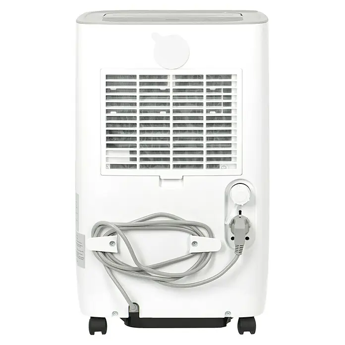Voltomat Elektro-Luftentfeuchter mit Schuhtrockner - 520 W, Entfeuchtungsleistung: 30 l/Tag, L x B x H: 31,5 x 39,5 x 53,5 cm, Weiß, Grau - Rückansicht eines tragbaren, weißen Luftentfeuchters mit Kabelaufwicklung und Luftfilter für den Heimgebrauch.