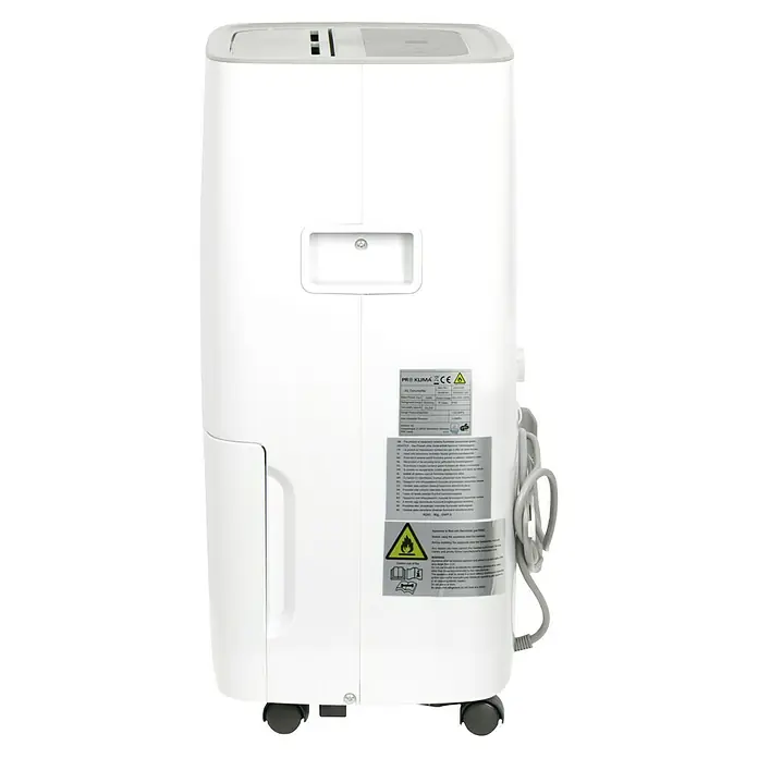 Voltomat Elektro-Luftentfeuchter mit Schuhtrockner - 520 W, Entfeuchtungsleistung: 30 l/Tag, L x B x H: 31,5 x 39,5 x 53,5 cm, Weiß, Grau - Rückansicht eines PRO KLIMA Luftentfeuchters, weiß, mit Rädern und Kabelaufwicklung. Ideal zur Reduzierung von Feuchtigkeit in Innenräumen.
