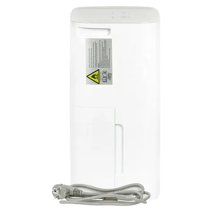 Voltomat Elektro-Luftentfeuchter - 205 W, Entfeuchtungsleistung: 10 l/Tag, L x B x H: 20,5 x 27 x 40,8 cm, Weiß - Rückansicht eines weißen Luftentfeuchters mit Netzkabel. Das Gerät ist kompakt und für den Einsatz in Innenräumen konzipiert.