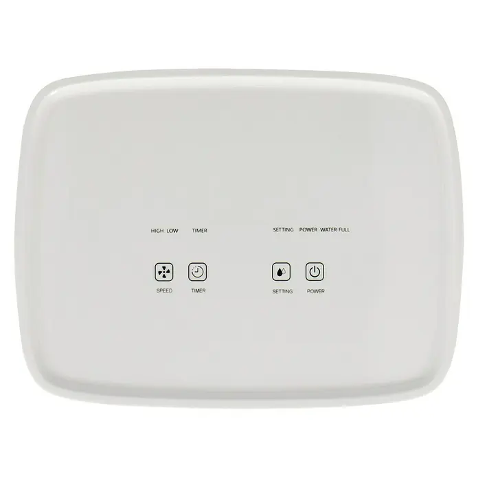 Voltomat Elektro-Luftentfeuchter - 205 W, Entfeuchtungsleistung: 10 l/Tag, L x B x H: 20,5 x 27 x 40,8 cm, Weiß - Nahaufnahme der Bedienelemente eines Luftentfeuchters, die Optionen wie Timer, Geschwindigkeit und Leistungsstufen anzeigen.