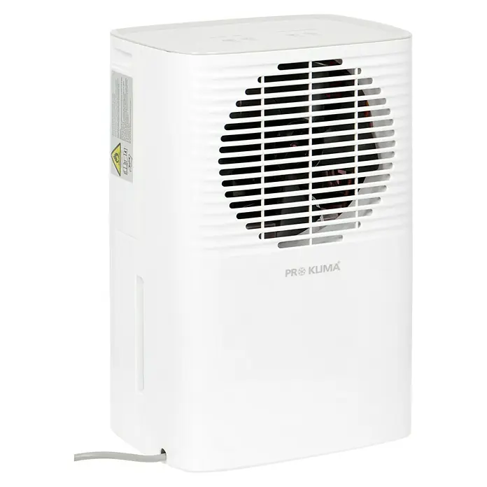 Voltomat Elektro-Luftentfeuchter - 205 W, Entfeuchtungsleistung: 10 l/Tag, L x B x H: 20,5 x 27 x 40,8 cm, Weiß - Weißer Pro Klima Luftentfeuchter mit Lüftungsgitter und grauem Kabel vor schwarzem Hintergrund für verbesserte Raumluft.