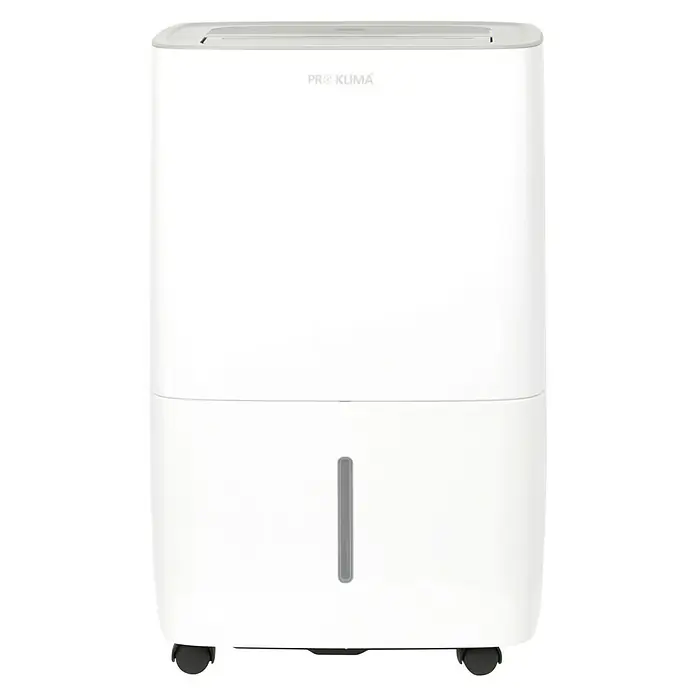 Voltomat Elektro-Luftentfeuchter mit Schuhtrockner - 520 W, Entfeuchtungsleistung: 30 l/Tag, L x B x H: 31,5 x 39,5 x 53,5 cm, Weiß, Grau - Das Bild zeigt einen weißen Pro Klima Luftentfeuchter, der kompakt und modern gestaltet ist, mit Rollen für einfache Mobilität.