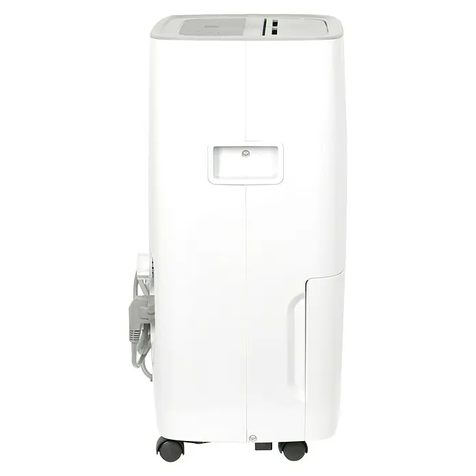 Voltomat Elektro-Luftentfeuchter mit Schuhtrockner - 520 W, Entfeuchtungsleistung: 30 l/Tag, L x B x H: 31,5 x 39,5 x 53,5 cm, Weiß, Grau - Seitenansicht eines weißen, tragbaren Luftentfeuchters mit Griff, Rädern und Kabelaufbewahrung für den einfachen Gebrauch.